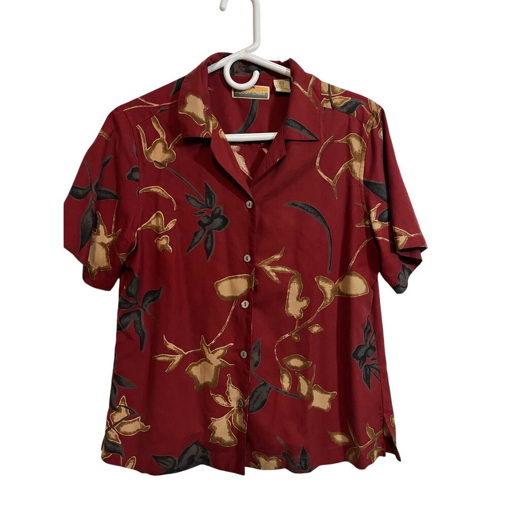 Bobby Chan Silk Blouse Red Floral Button Front Short Sleeve Top M